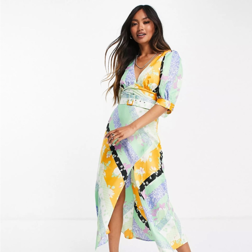 ASOS DESIGN belted midi tea dress in mixed floral print